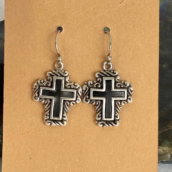 Sterling Silver 925 1.41" Black Enamel Scrollwork Cross Dangle Earrings 11g - Picture 16 of 16